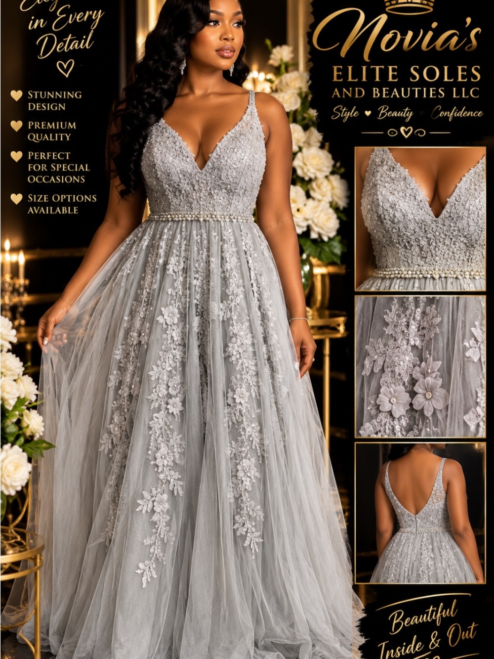 Novia's Silver Embellished V-Neck Tulle Maxi Dress
